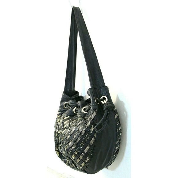 Elliott Lucca BLACK GOLD WOVEN GENUINE LEATHER DRAWSTRING SHOULDER BAG PURSE - Picture 4 of 11